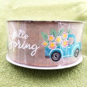 Premium Decorative Wired Ribbon Hello Spring Blue Truck w/ Flowers 2.5"x50 Yards